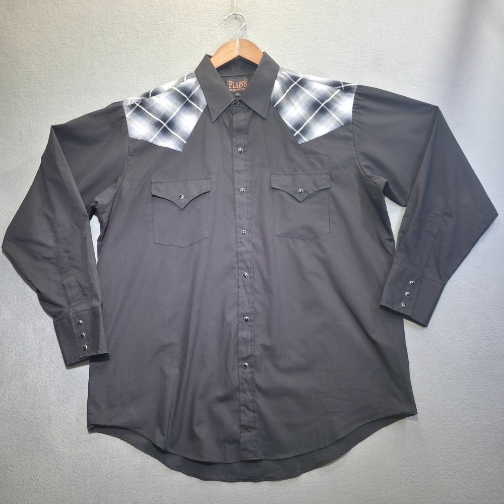 Plains Men's Black Long Sleeve Pearl Snap Western‎ Shirt Size Large